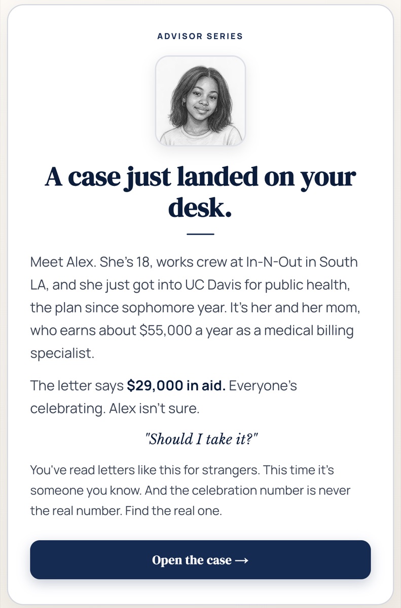 The opening of the Advisor Series case The Real Cost of College